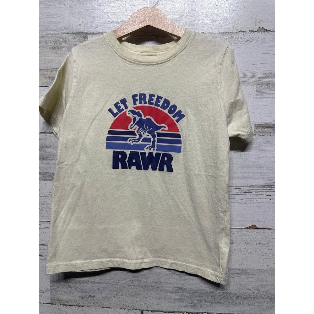 Sweet Wink Graphic T-Shirt Kids 7/8 Cream Let Freedom Rawr Dinosaur EUC
